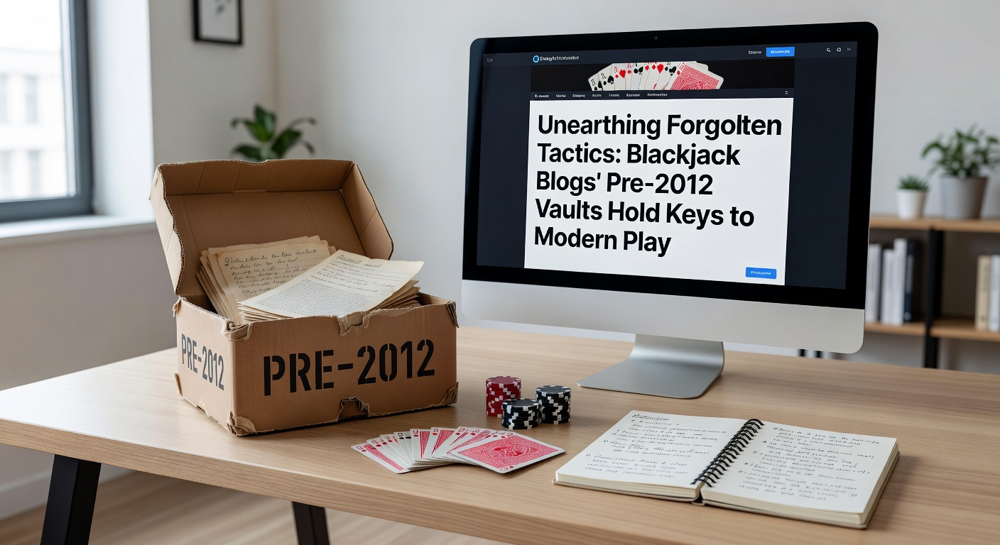 Vintage computer screen displaying an old blackjack blog archive with strategy charts and forum threads from the early 2000s