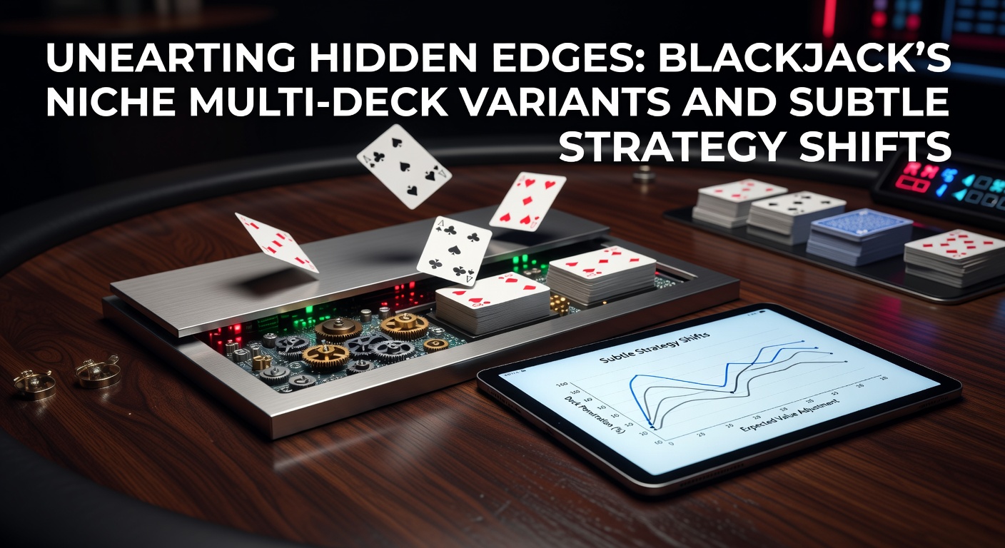 A close-up view of multiple decks shuffled together on a casino table, highlighting the complexity of multi-deck blackjack setups