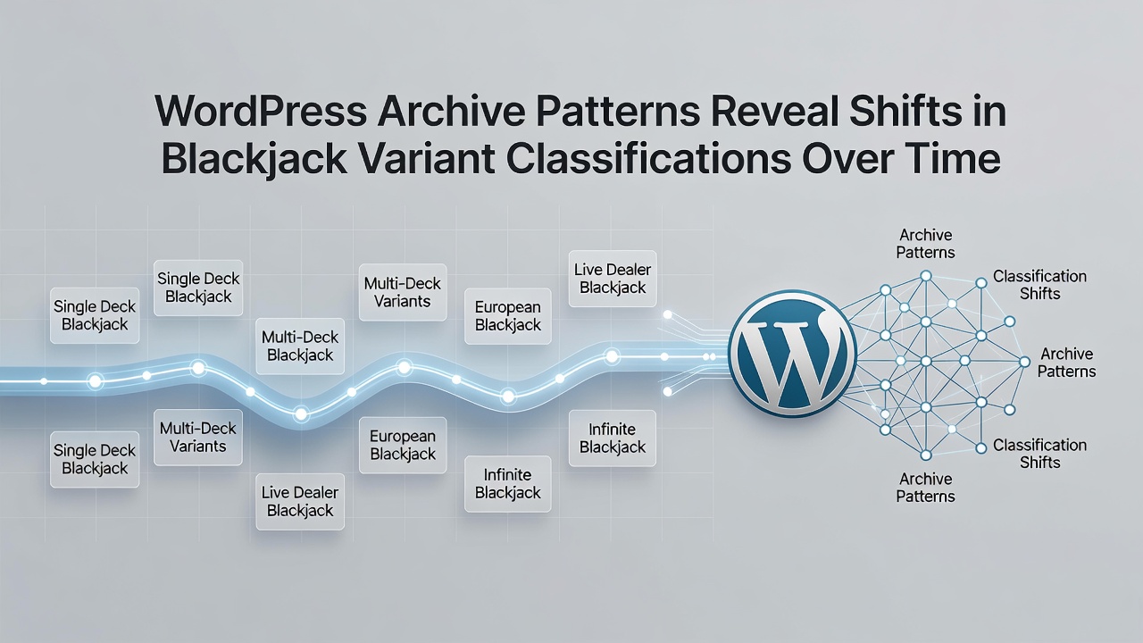 WordPress archive dashboard displaying historical blackjack variant taxonomy tags and category structures from multiple years